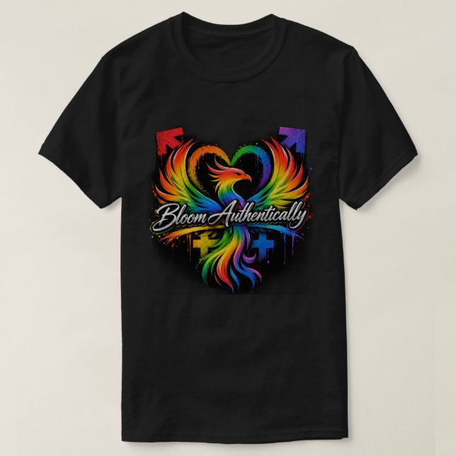 Rainbow Phoenix Heart "Bloom Authentically" Pride T-Shirt (Design Front)