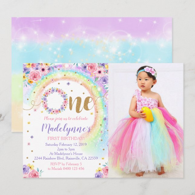 Rainbow Photo Invitation Rainbow 1st Birthday (Front/Back)