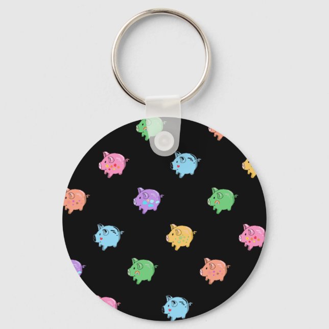 Rainbow Pig Pattern on black Key Ring (Front)