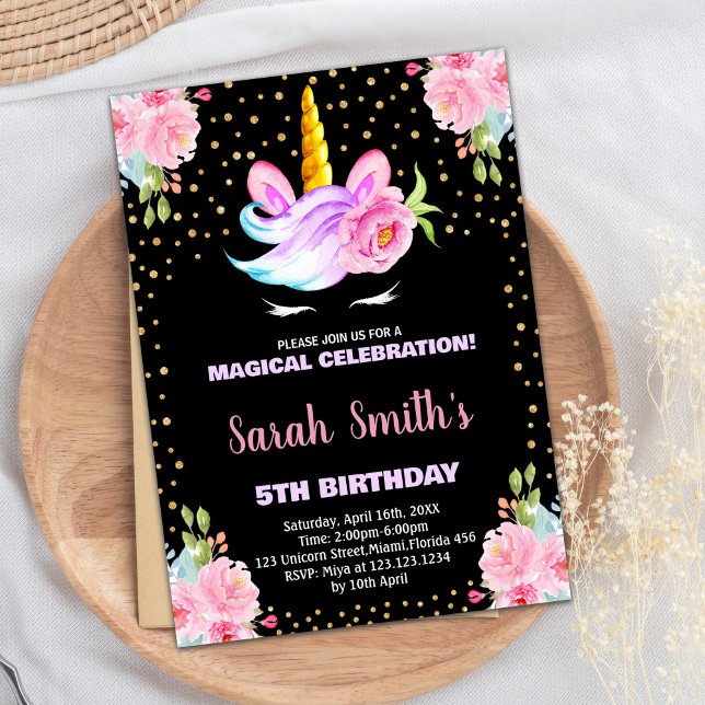 Rainbow Pink Black Unicorn Birthday Invitations (Rainbow Pink Black Unicorn Birthday Invitations)