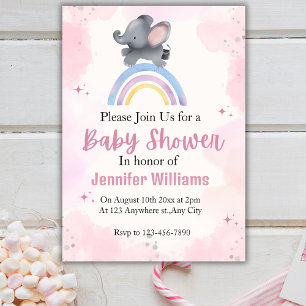 Rainbow pink elephant baby shower invitations girl