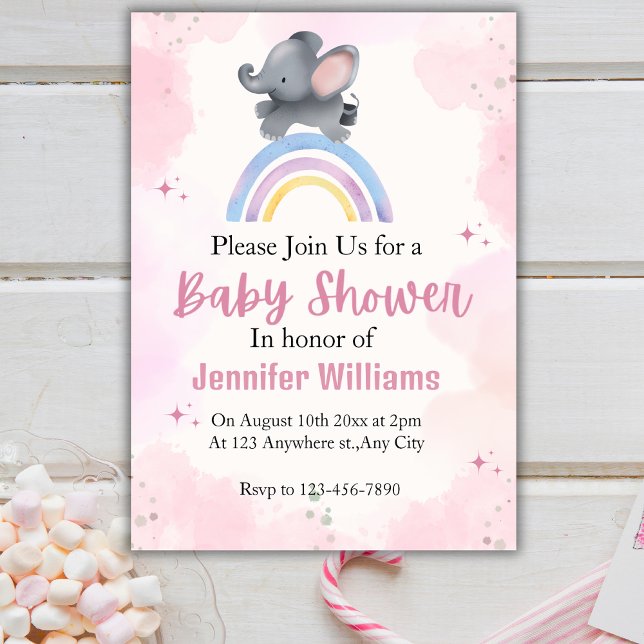 Rainbow pink elephant baby shower invitations girl (Creator Uploaded)