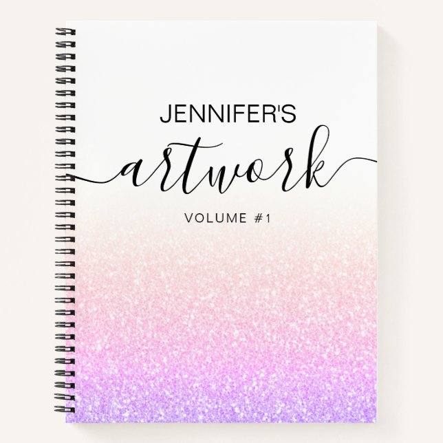 Rainbow Pink Glitter Girly Ombre Sketchbook Name Notebook (Front)