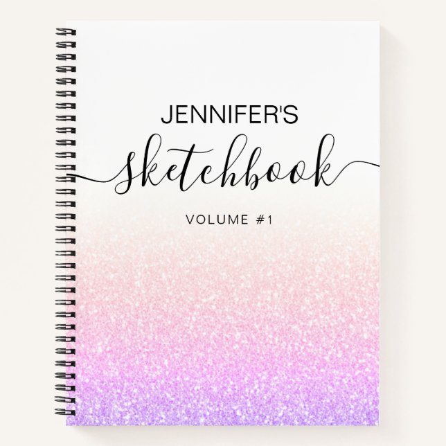 Rainbow Pink Glitter Girly Ombre Sketchbook Name Notebook (Front)