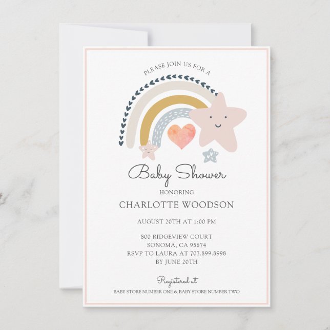 Rainbow Pink Heart Girl Baby Shower  Invitation (Front)