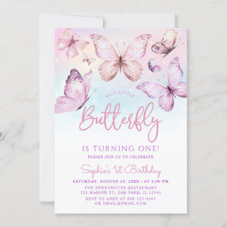 Rainbow Pink Purple Girl Butterfly 1st Birthday Invitation