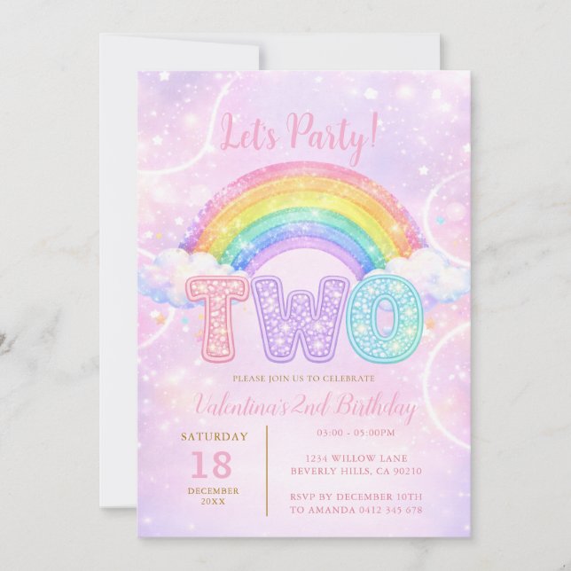 Rainbow Pink Purple Glitter Second Birthday Party Invitation (Front)