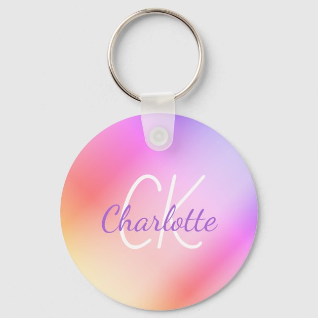 Rainbow pink purple monogram name key ring (Front)