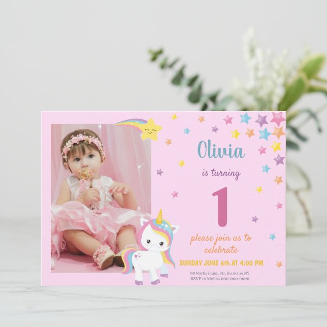 Rainbow Pink Unicorn Invitation with Photo (Standing Front)