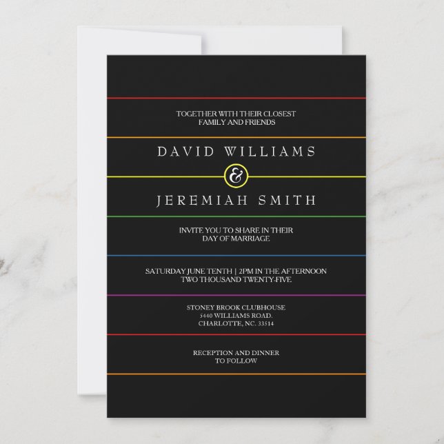 Rainbow Pinstripe Pride on Black LGBT Wedding Invitation (Front)