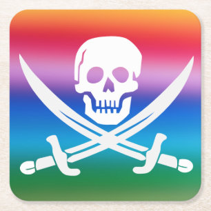 Rainbow Pirate Jolly Roger Square Paper Coaster