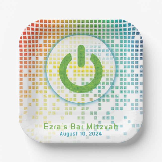 Rainbow Pixel Video Game Gamer Bar Mitzvah Paper Plate (Front)