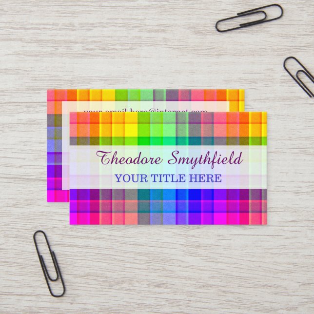 Rainbow Plaid Bright Colourful Chequered Business Card (Front/Back In Situ)