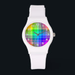 Rainbow Plaid Custom Watch<br><div class="desc">This rainbow plaid pattern is bright and colourful,  with a light texture effect. It's a vivid,  vibrant chequered pattern that looks pretty as is or as a background for your text or photo. The watch numbers are white with a black outline.</div>