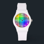 Rainbow Plaid Custom Watch<br><div class="desc">This rainbow plaid pattern is bright and colourful,  with a light texture effect. It's a vivid,  vibrant chequered pattern that looks pretty as is or as a background for your text or photo. The watch numbers are white with a black outline.</div>