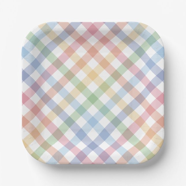 Rainbow plaid cute simple pastel check spring paper plate (Front)