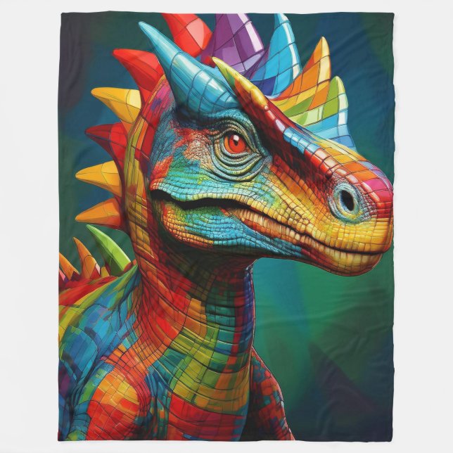 Rainbow Plaid Dinosaur  Fleece Blanket (Front)