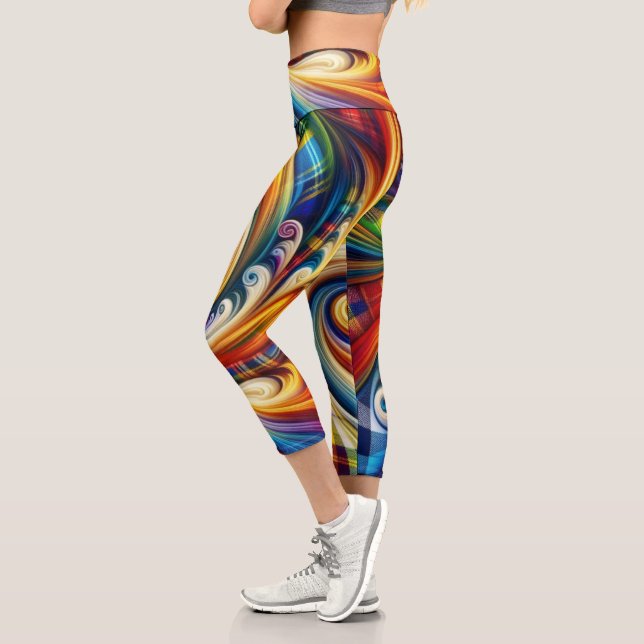 Rainbow Plaid Modern Art Abstract Swirl Capri Leggings (Left)