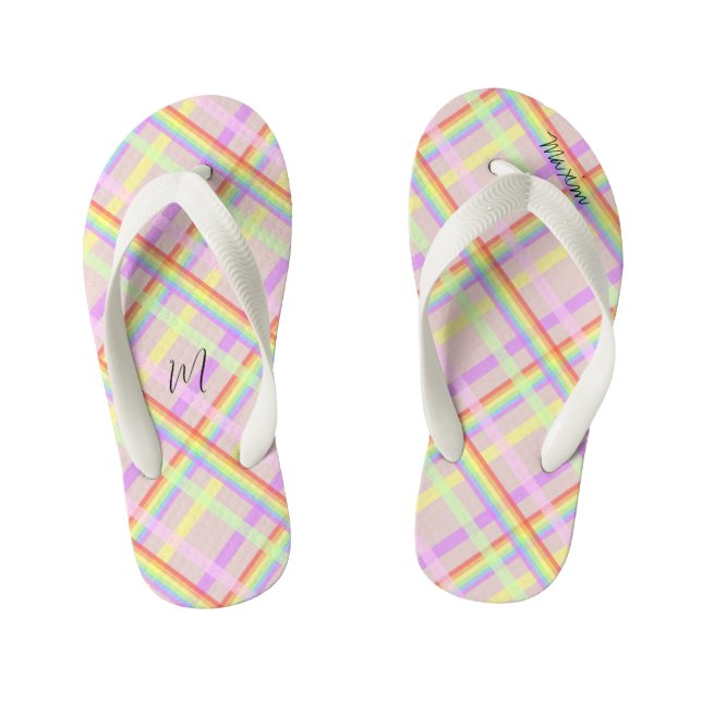 Rainbow Plaid Modern Monogrammed  Kid's Jandals (Footbed)