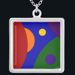Rainbow Planets Silver Plated Necklace<br><div class="desc">The moment I thought of making the centre section of this abstract design blue, my geek mind saw the rainbow coloured circles as an array of planets. A piece of a large red circle fills the left third of the frame. Peeking out from behind it is near half of a...</div>