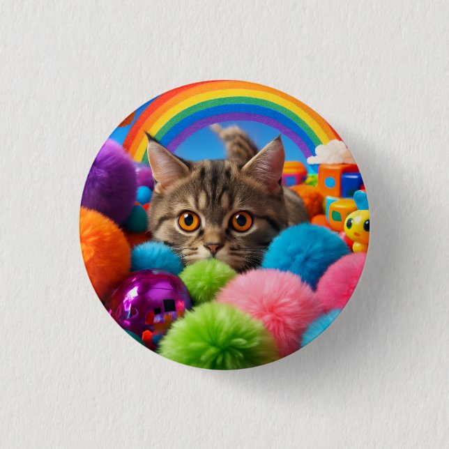 Rainbow Playtime Kitten Adorable Tabby Cat 3 Cm Round Badge (Front)