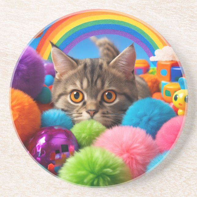 Rainbow Playtime Kitten Adorable Tabby Cat Coaster (Front)