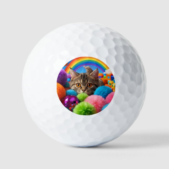 Rainbow Playtime Kitten Adorable Tabby Cat Golf Balls (Front)