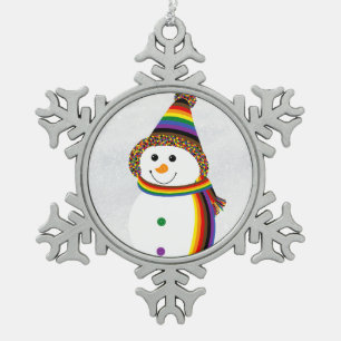 Rainbow POC Gay Pride Flag Snowperson Snowflake Pewter Christmas Ornament