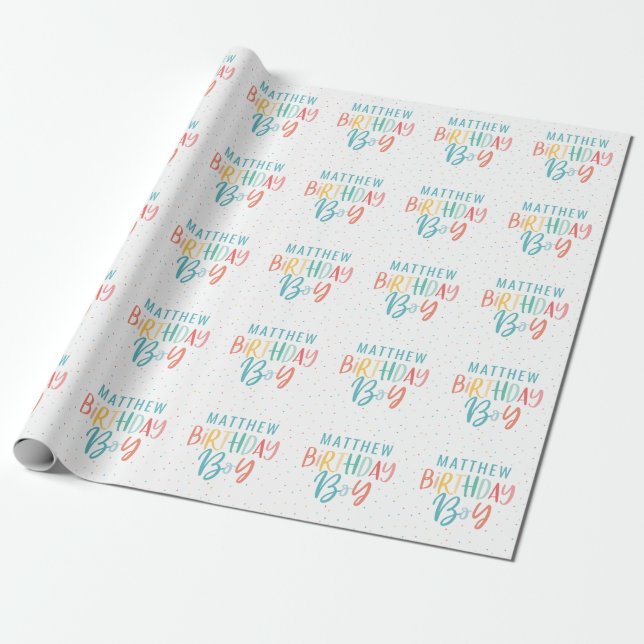 Rainbow polka dot birthday boy wrapping paper (Unrolled)