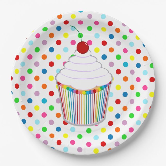 Rainbow Polka Dot Cupcake Paper Plate (Front)