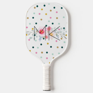 Rainbow Polka Dot Faux Gold Peony Monogram Pickleball Paddle