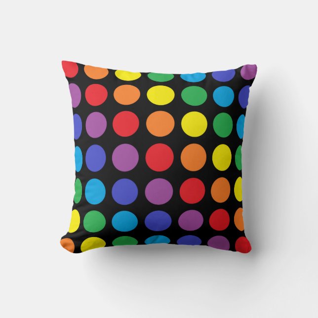 Rainbow Polka Dots Black Pillow (Front)
