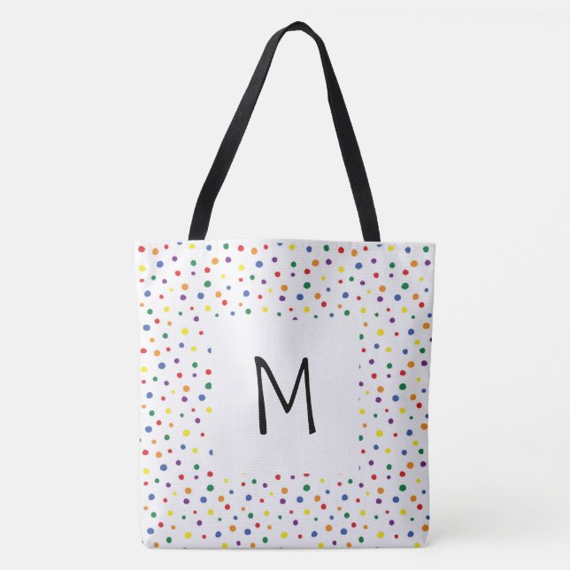 Rainbow Polka Dots Monogram Tote Bag (Front)