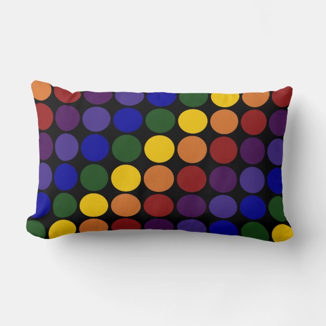 Rainbow Polka Dots on Black Lumbar Cushion (Front)