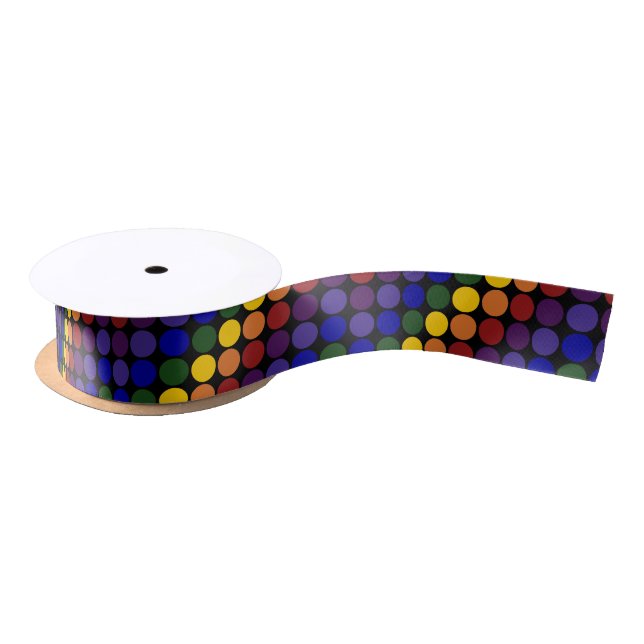 Rainbow Polka Dots on Black Satin Ribbon (Spool)