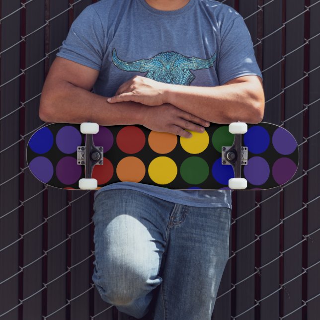 Rainbow Polka Dots on Black Skateboard (Outdoor 3)