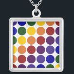Rainbow Polka Dots on White Silver Plated Necklace<br><div class="desc">Rainbow coloured polka dots are arranged in rows on a white background. The offset rows form diagonals of each colour: violet, indigo, blue, green, yellow, orange, and red. The white background is actually transparent, so you can change it if you like. Just click the "Customise it!" button, then select a...</div>