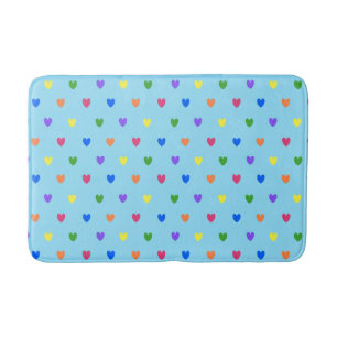 Rainbow polka hearts on baby blue bath mat