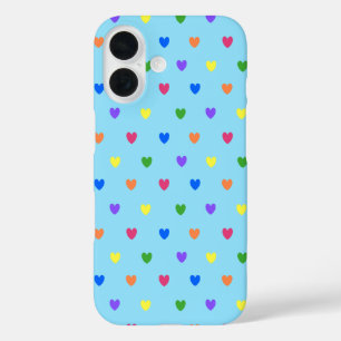 Rainbow polka hearts on baby blue iPhone 16 case