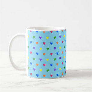 Rainbow polka hearts on baby blue coffee mug