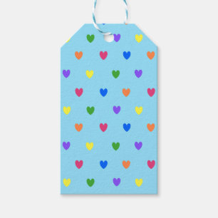 Rainbow polka hearts on baby blue gift tags