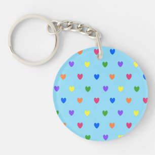 Rainbow polka hearts on baby blue key ring