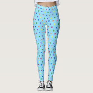 Rainbow polka hearts on baby blue leggings