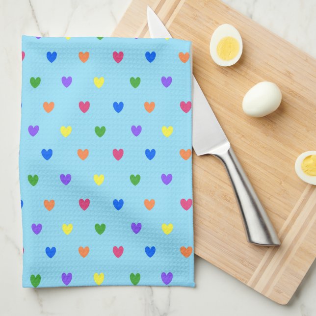 Rainbow polka hearts on baby blue tea towel (Quarter Fold)