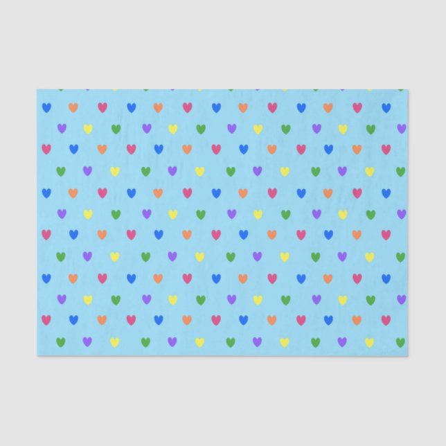 Rainbow polka hearts on baby blue tissue paper (Front)