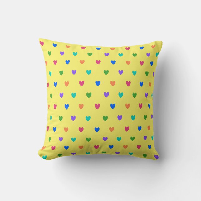 Rainbow polka hearts on yellow cushion (Front)