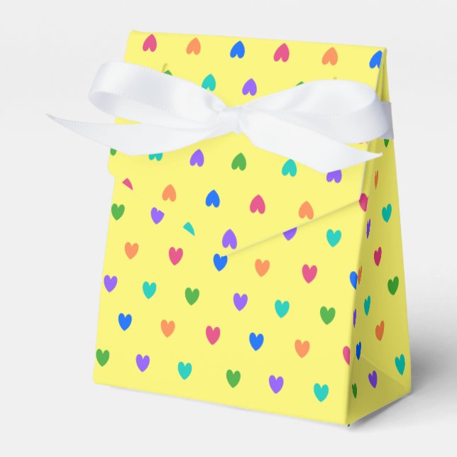 Rainbow polka hearts on yellow favour box (Front Side)