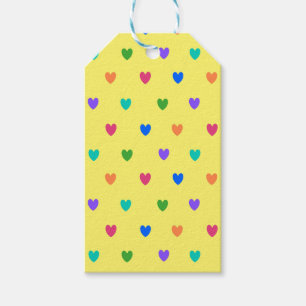 Rainbow polka hearts on yellow gift tags