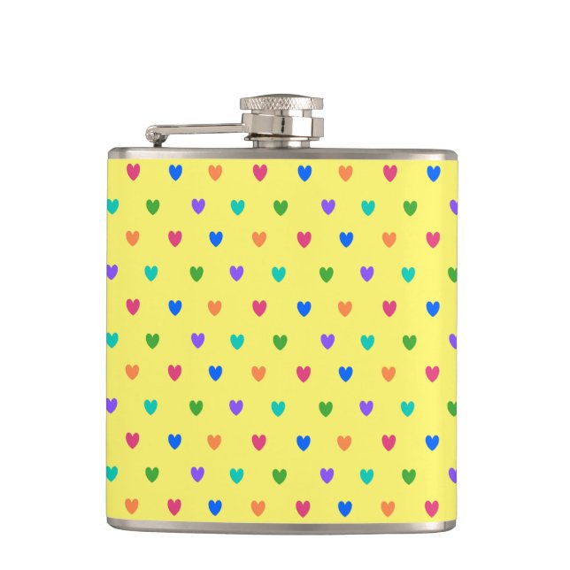 Rainbow polka hearts on yellow hip flask (Front)
