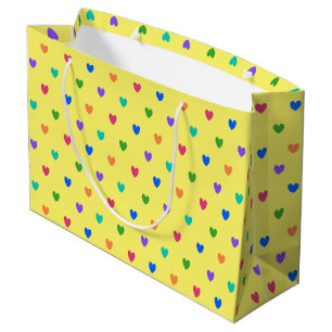 Rainbow polka hearts on yellow large gift bag
